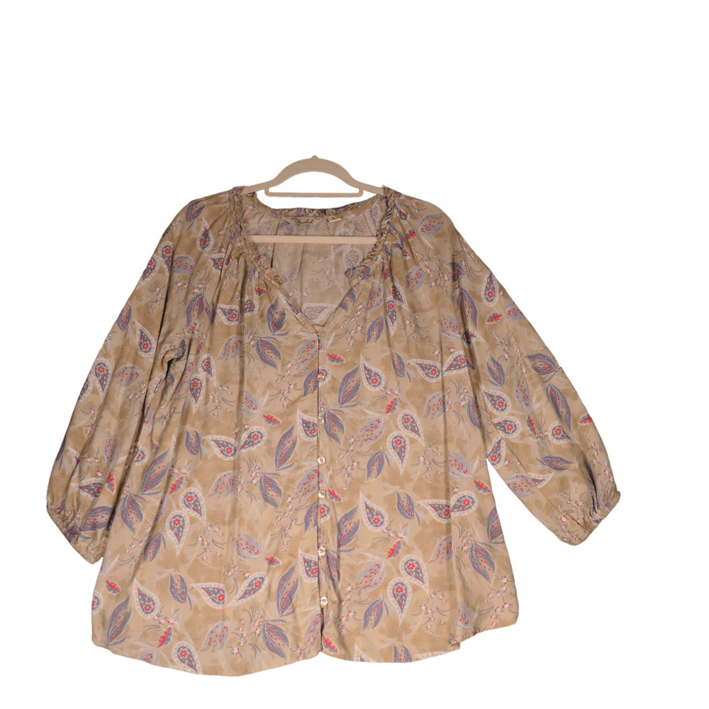 Caffe Marrakesh Blouse Womens M Beige Paidley Floral Peasant Ruffle Neck Boho